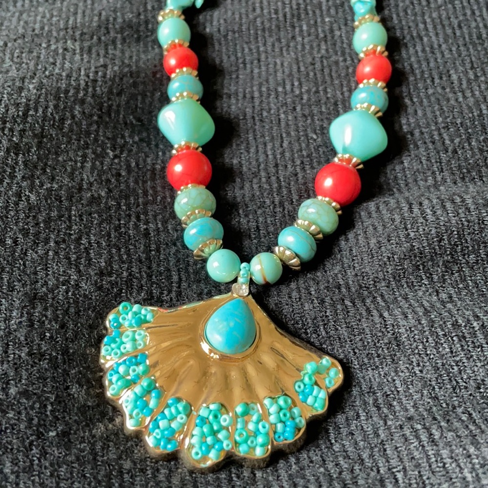 Turquoise and coral enamel fan necklace
